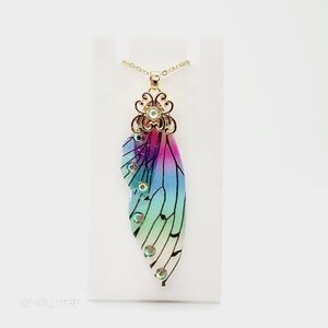 Sparkly Blue Pink Green Fairy Wing Necklace Gift Jewelry Gold Toned